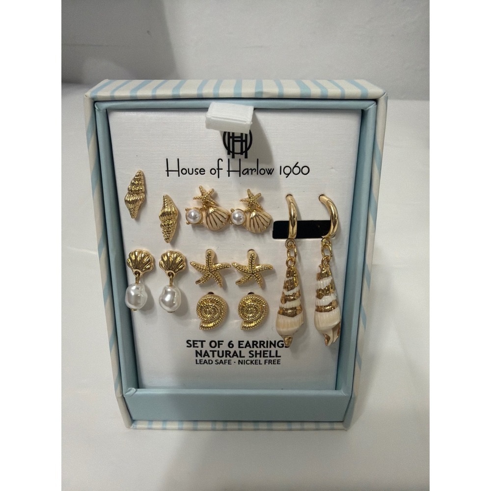 House of Harlow 1960 Set of 6 Natural Shell Earrings Gold Tone Starfish Pearl - Picture 2 of 5